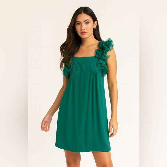Catharine Malandrino Teal Green Sleeveless Ruffle Silk Minidress Pockets size 2 - Picture 1 of 5